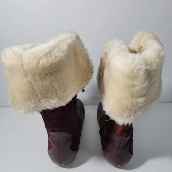 Clark Brown Leather With Faux Fur Trim Side Zip Lace Up Tassel Boots Girl 10.5 - Picture 5 of 12